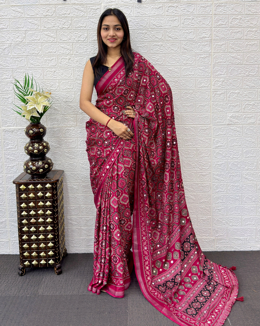 Rani Pink Modal Silk Saree with Traditional Ajrakh