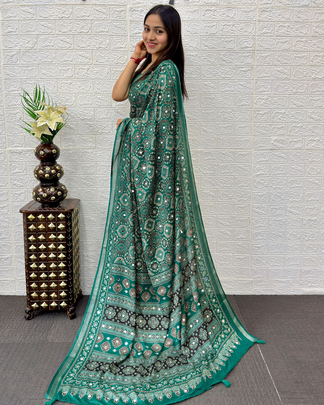 Emerald Green Modal Silk Saree with Traditional Ajrakh Print
