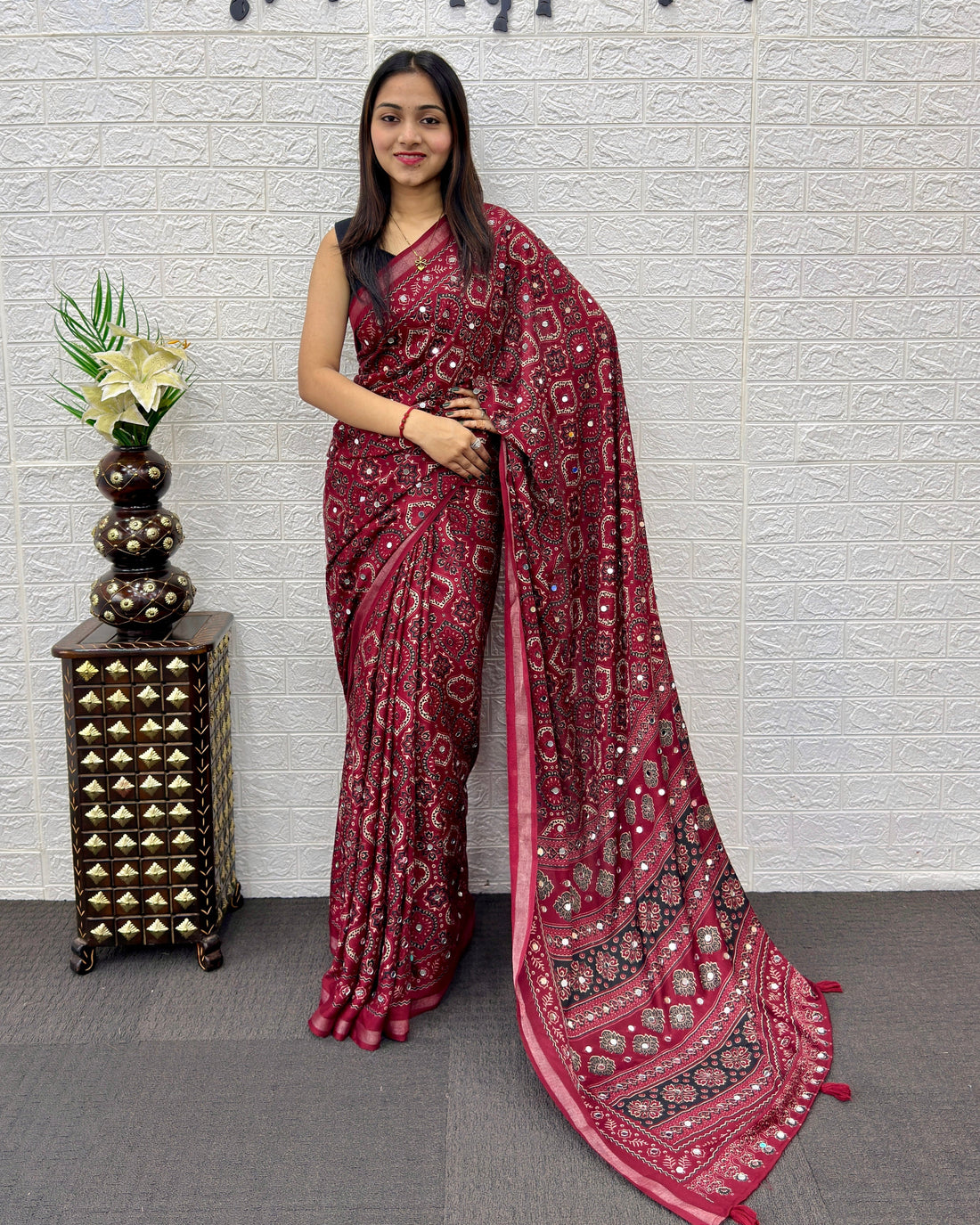Wine Maroon Modal Silk Saree with Traditional Ajrakh Print & Designer Pallu
