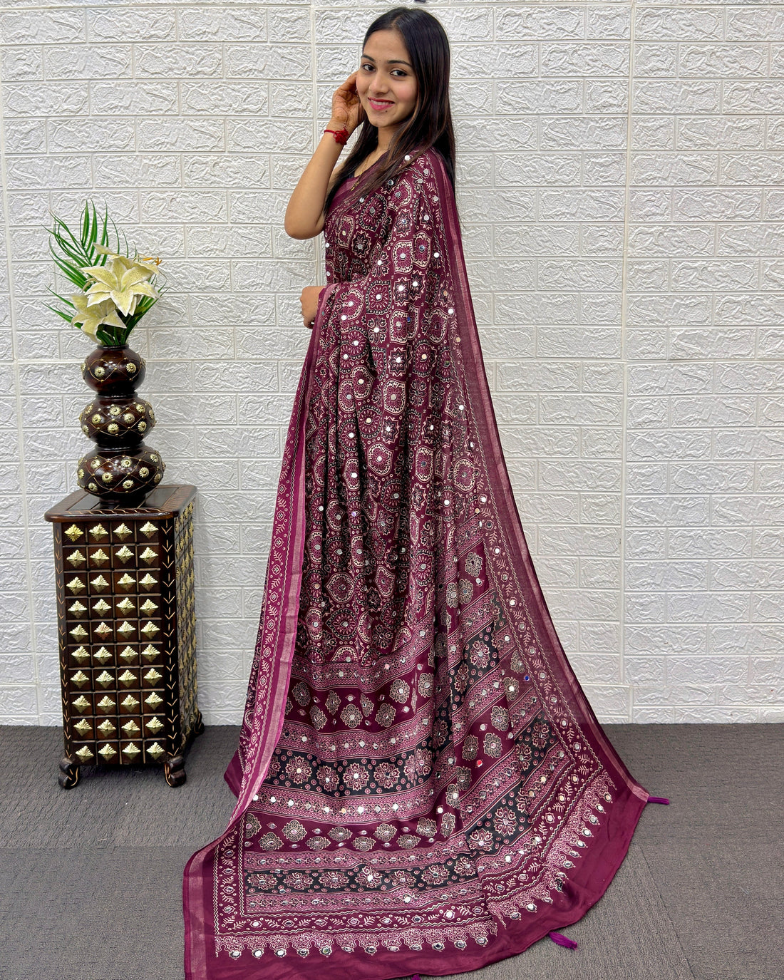 Plum Purple Modal Silk Saree with Traditional Ajrakh Print