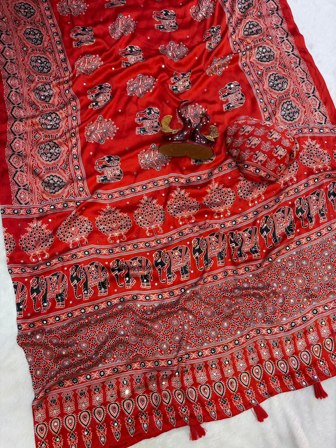 Rust Red Modal Silk Saree with Elephant Motif Ajrakh Print & Designer Pallu