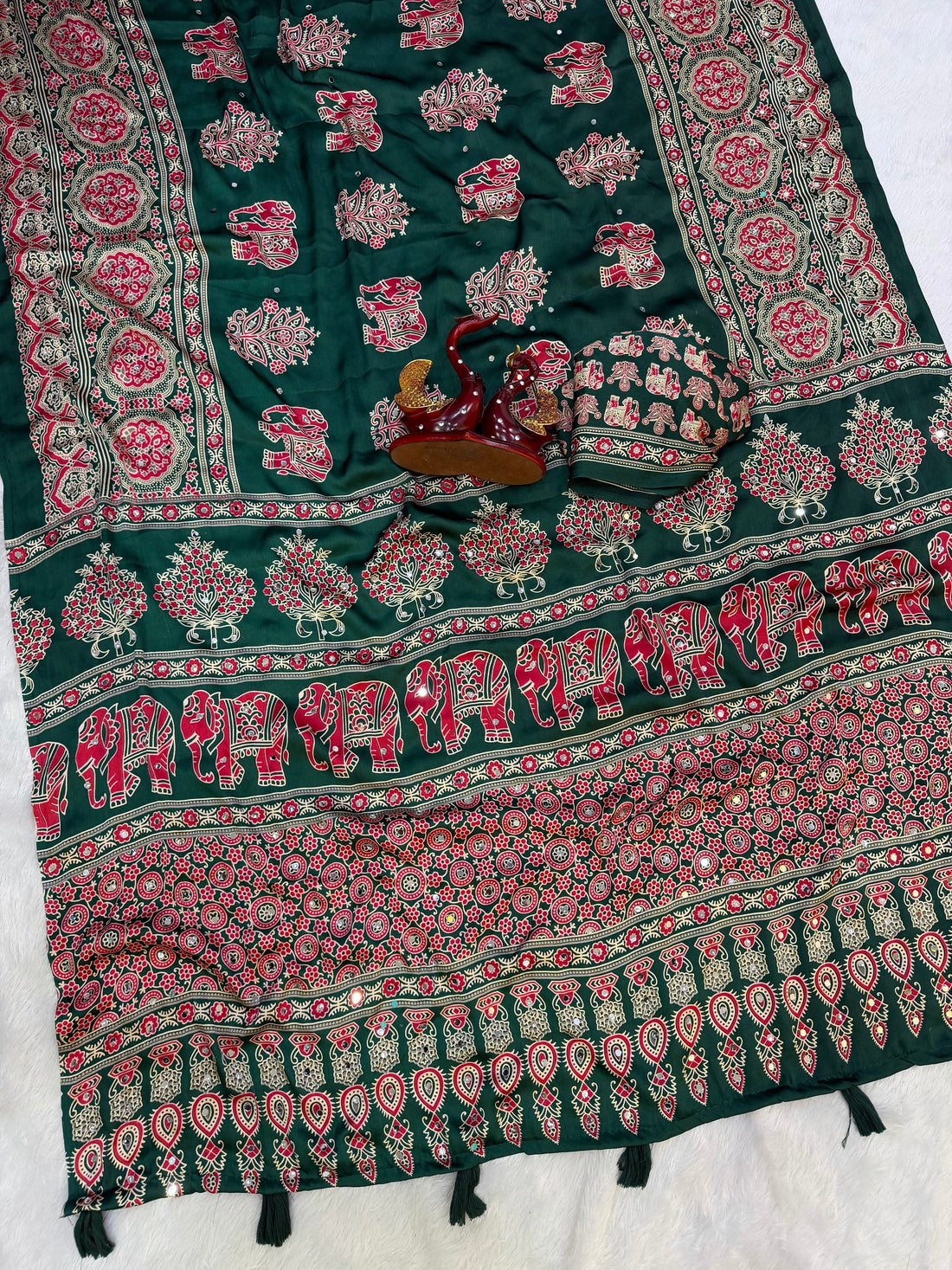 Forest Green Modal Silk Saree with Elephant Motif Ajrakh Print