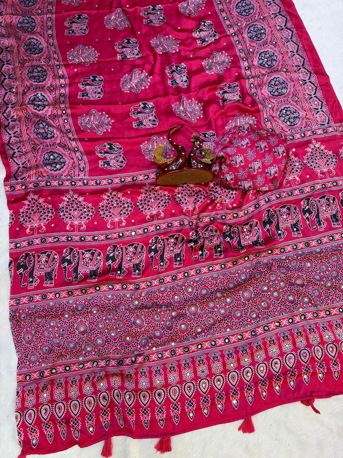 Rani Pink Modal Silk Saree with Elephant Motif Ajrakh Print