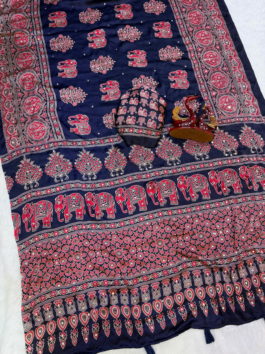 Navy Blue Modal Silk Saree with Elephant Motif Ajrakh Print