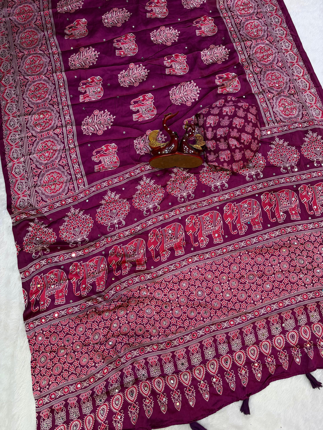 Plum Purple Modal Silk Saree with Elephant Motif Print & Heritage Designer Pallu | Traditional Festive Wear Saree