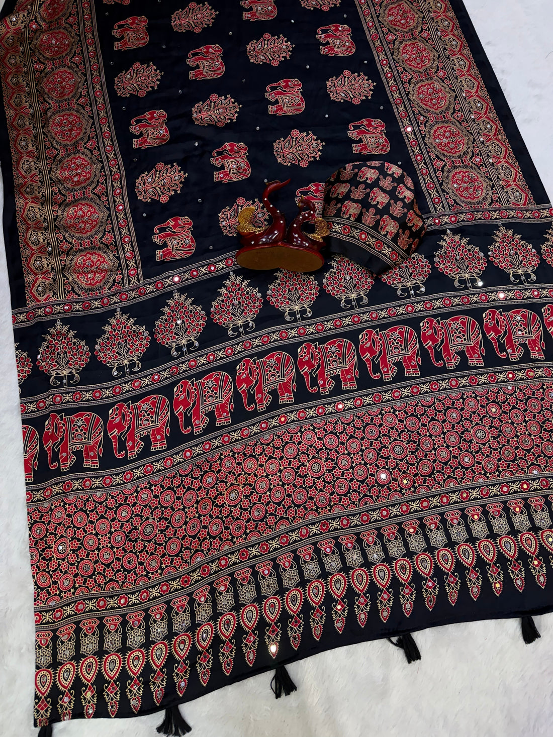 Black Modal Silk Saree with Elephant Motif Ajrakh Print