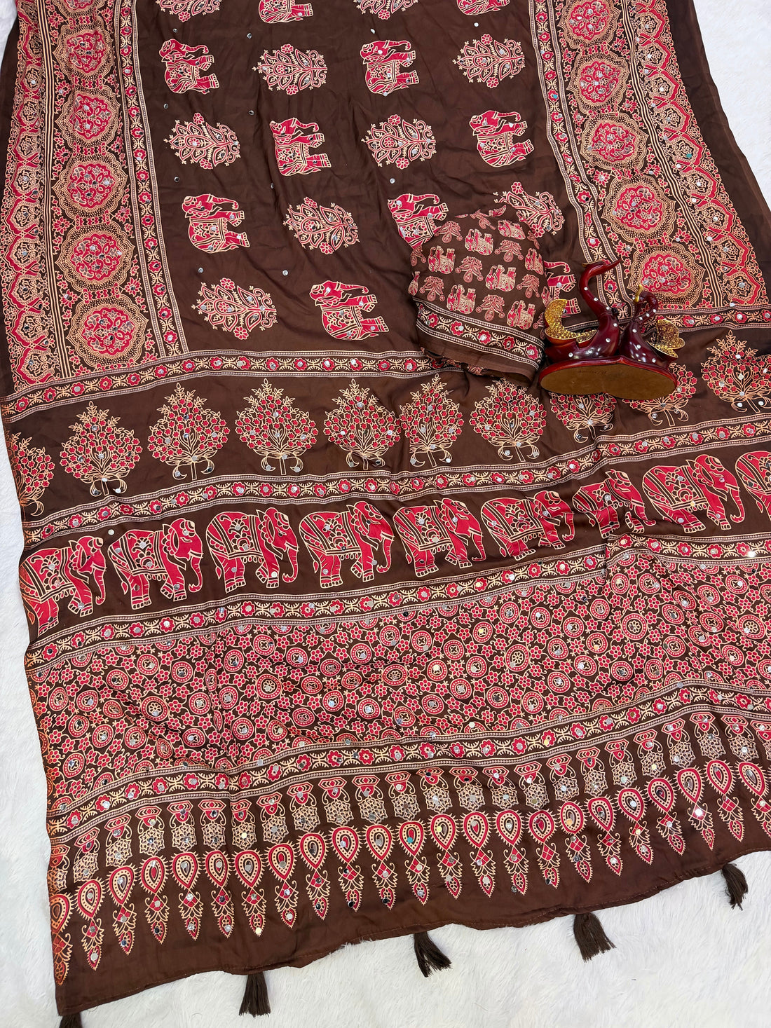 Chocolate Brown Modal Silk Saree with Elephant Motif Heritage Print