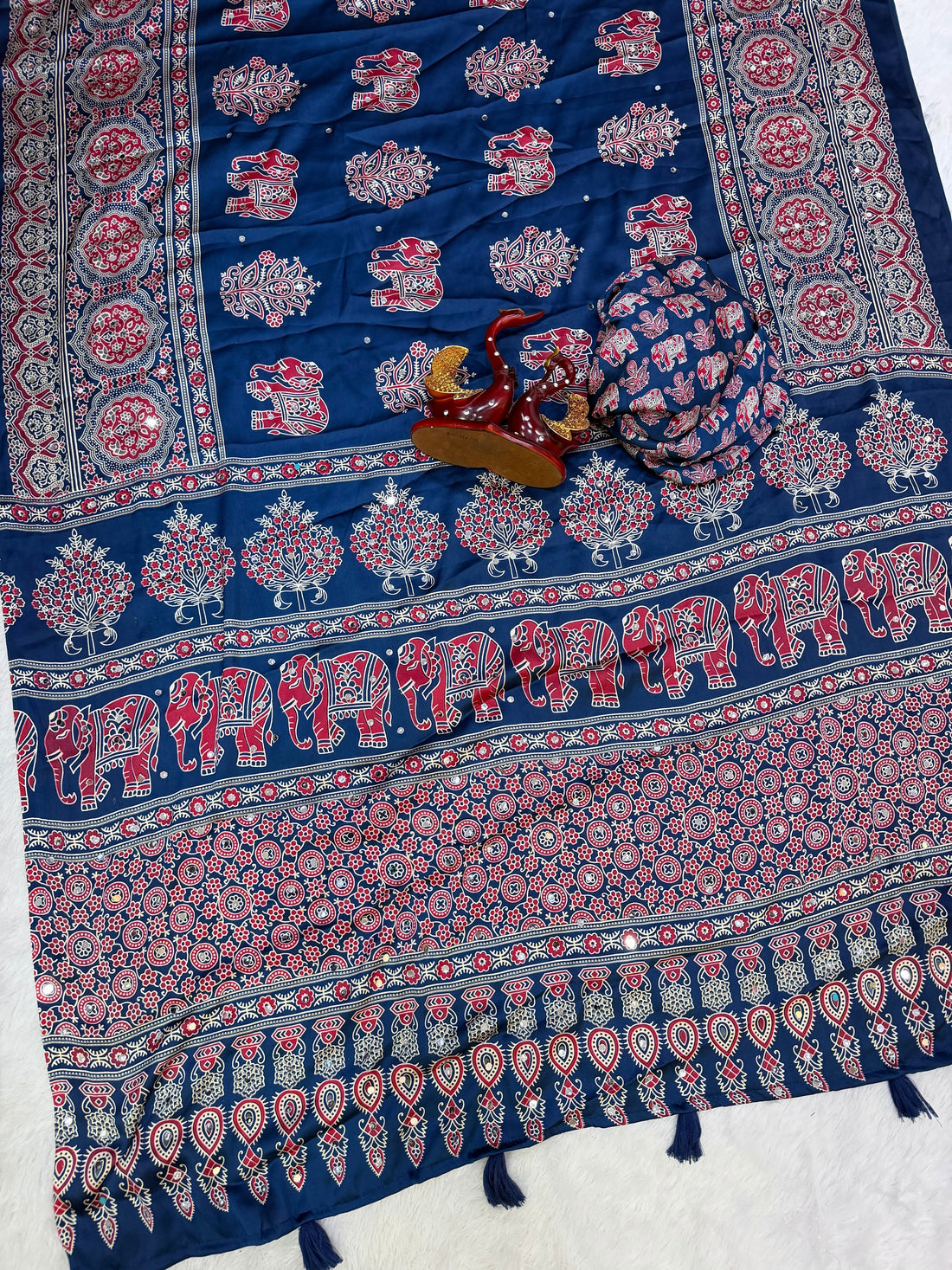 Royal Blue Modal Silk Saree with Elephant Motif Heritage Print