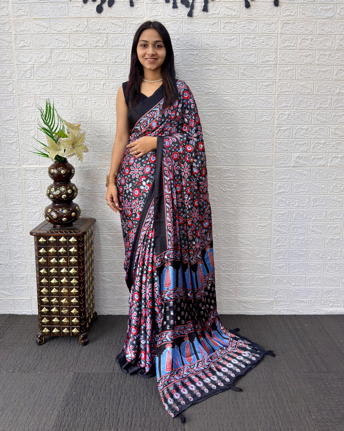 Black Modal Silk Saree with Geometric Floral Print