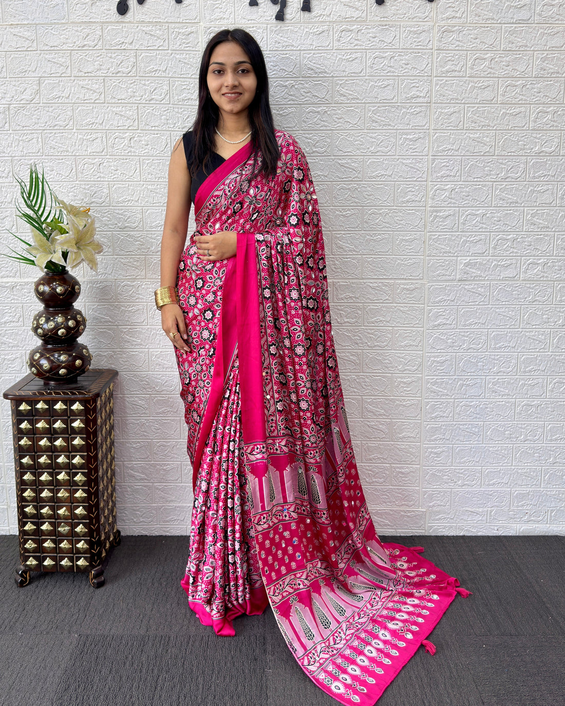Rani Pink Modal Silk Saree with Geometric Floral Print