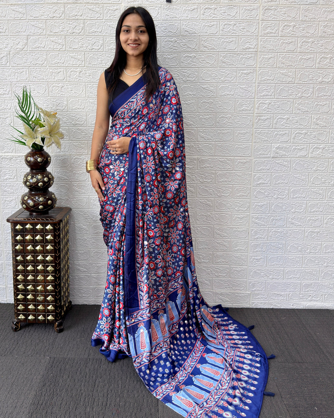 Royal Blue Modal Silk Saree with Geometric Floral Print