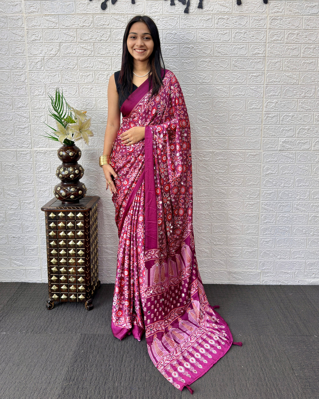 Purple Pink Modal Silk Saree with Geometric Floral Print