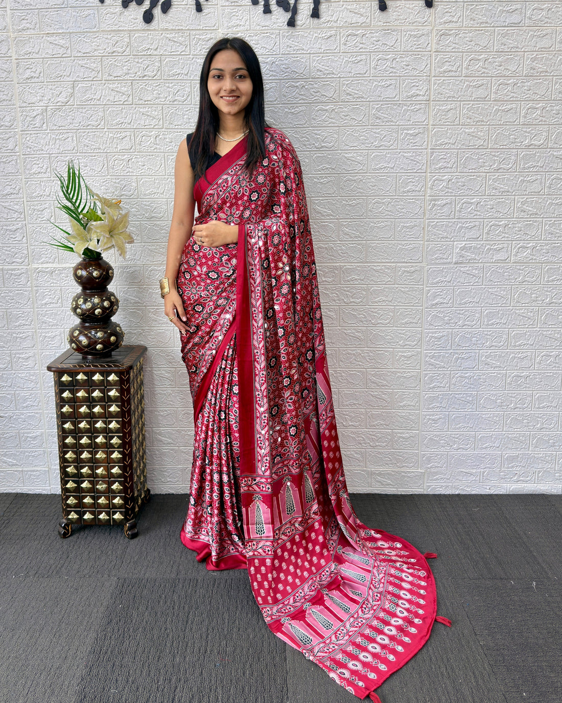Red Modal Silk Saree with Geometric Floral Print