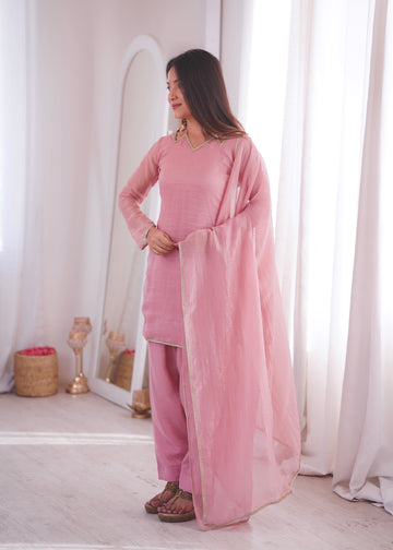 Soft Pastel Pink Crunchy Silk-Blend Straight Kurta Set