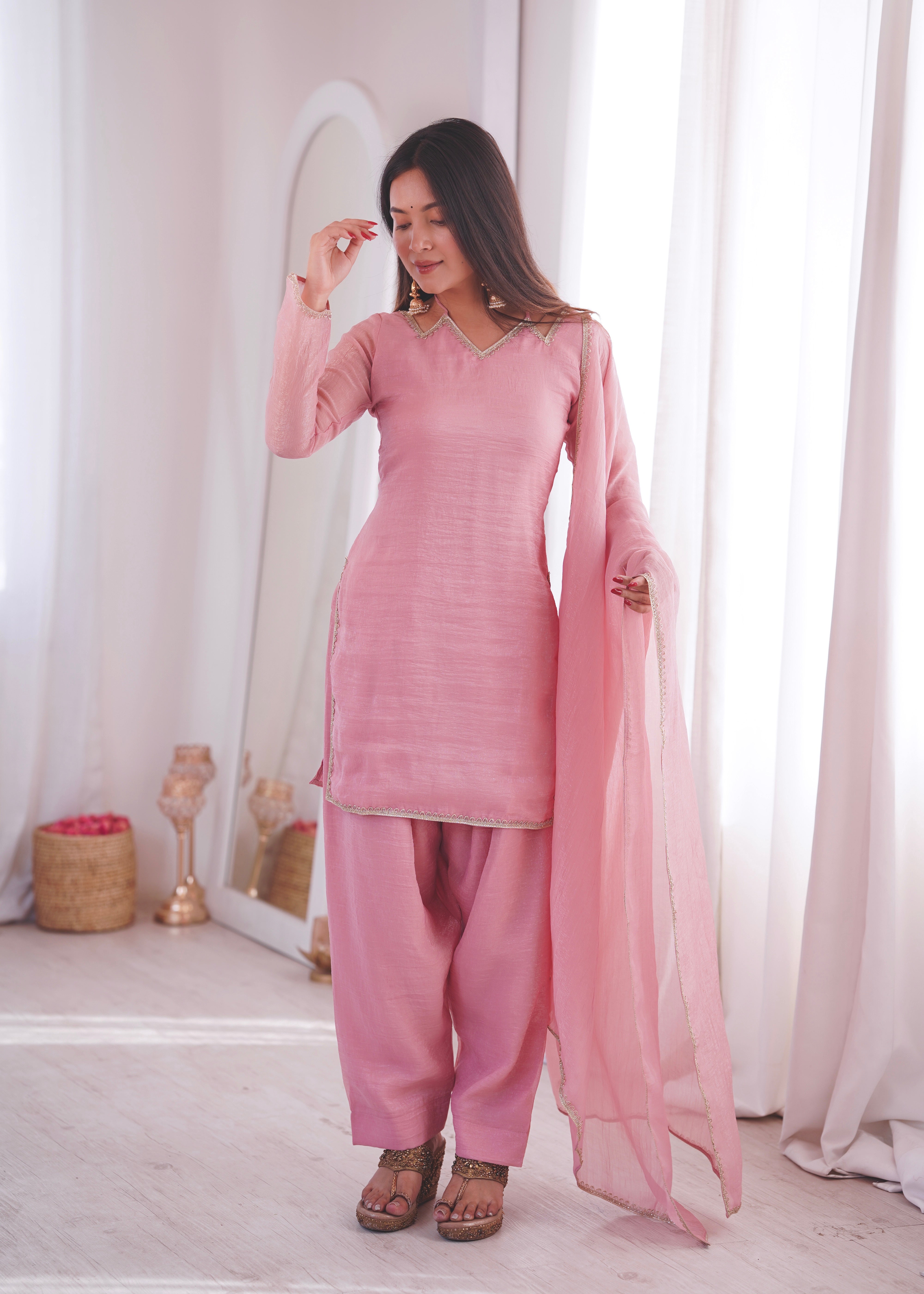 Soft Pastel Pink Crunchy Silk-Blend Straight Kurta Set