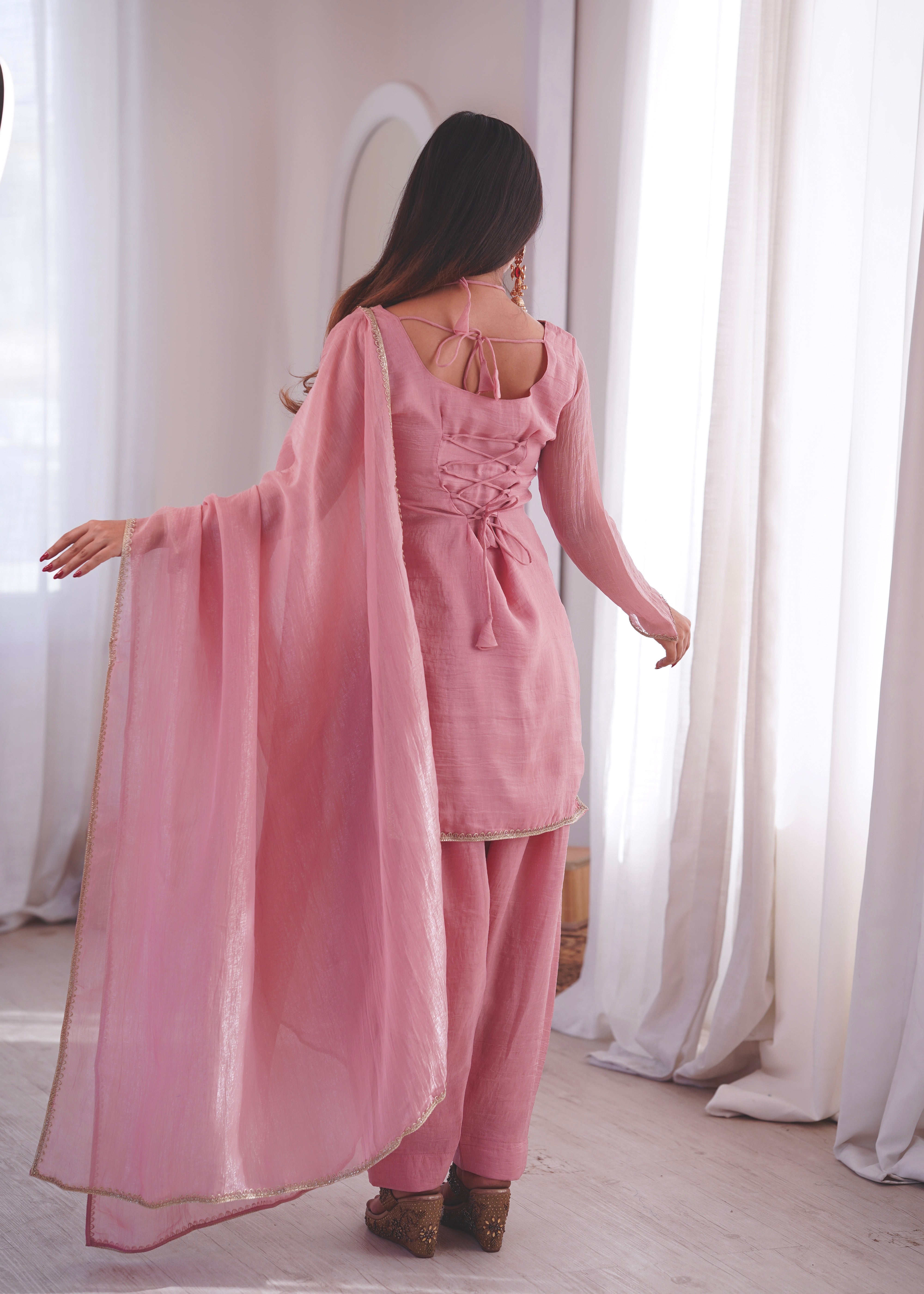 Soft Pastel Pink Crunchy Silk-Blend Straight Kurta Set