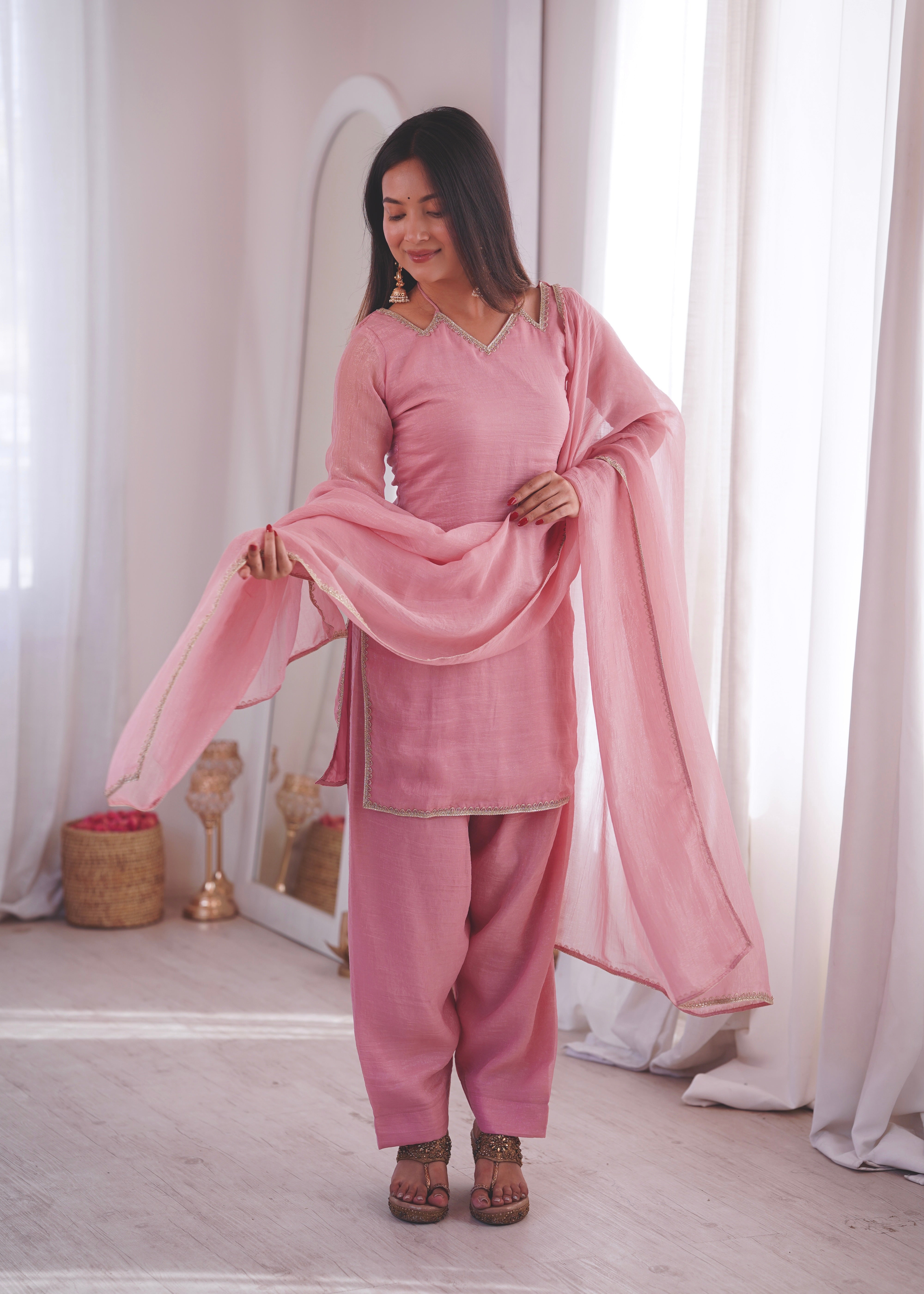 Soft Pastel Pink Crunchy Silk-Blend Straight Kurta Set