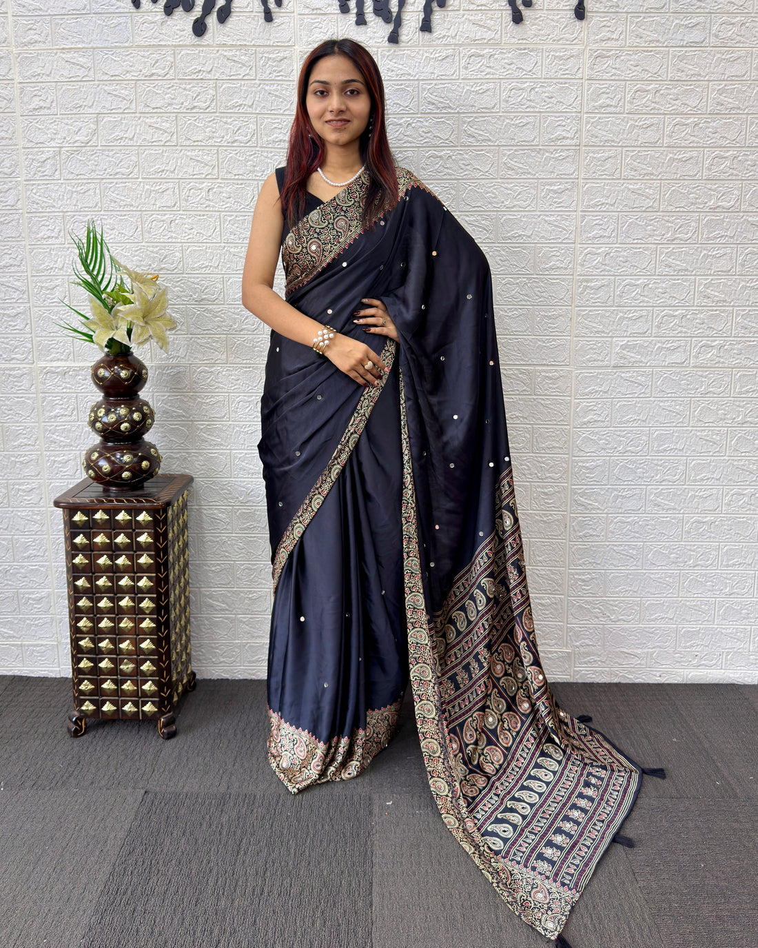 Black Satin Silk Saree with Kashmiri Paisley Print