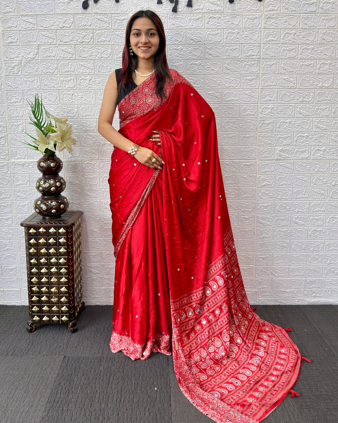 Red Satin Silk Saree with Kashmiri Paisley Print