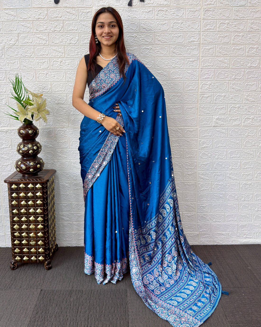 Royal Blue Satin Silk Saree with Kashmiri Paisley Print