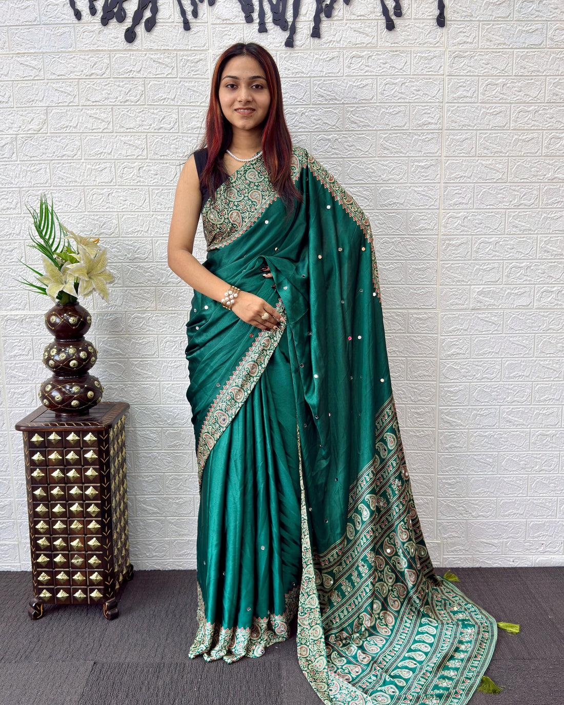 Emerald Green Satin Silk Saree with Kashmiri Paisley Print