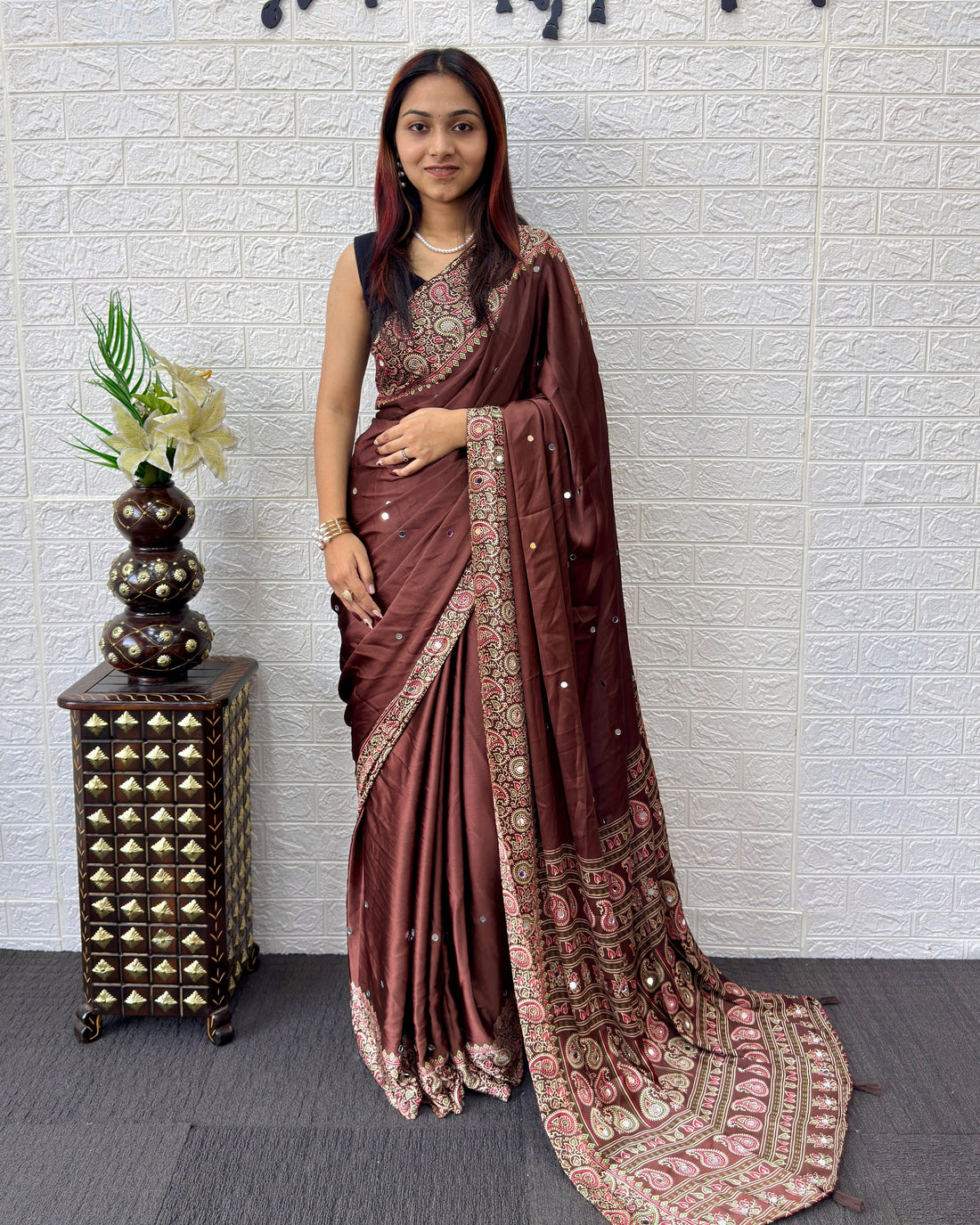Chocolate Brown Satin Silk Saree with Kashmiri Paisley Print