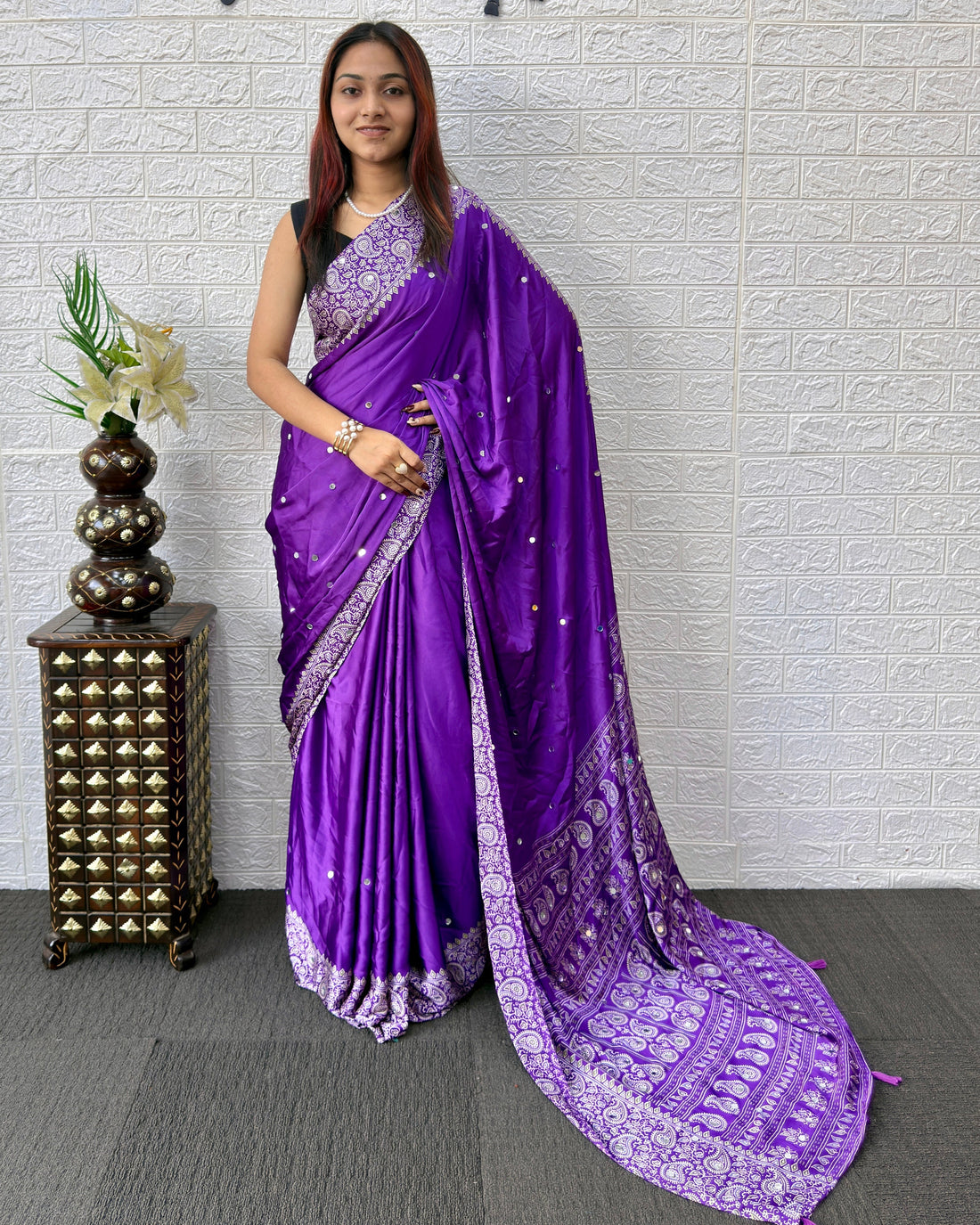 Royal Purple Satin Silk Saree with Kashmiri Paisley Print