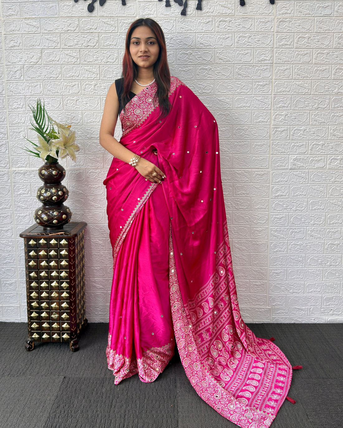 Rani Pink Satin Silk Saree with Kashmiri Paisley Print