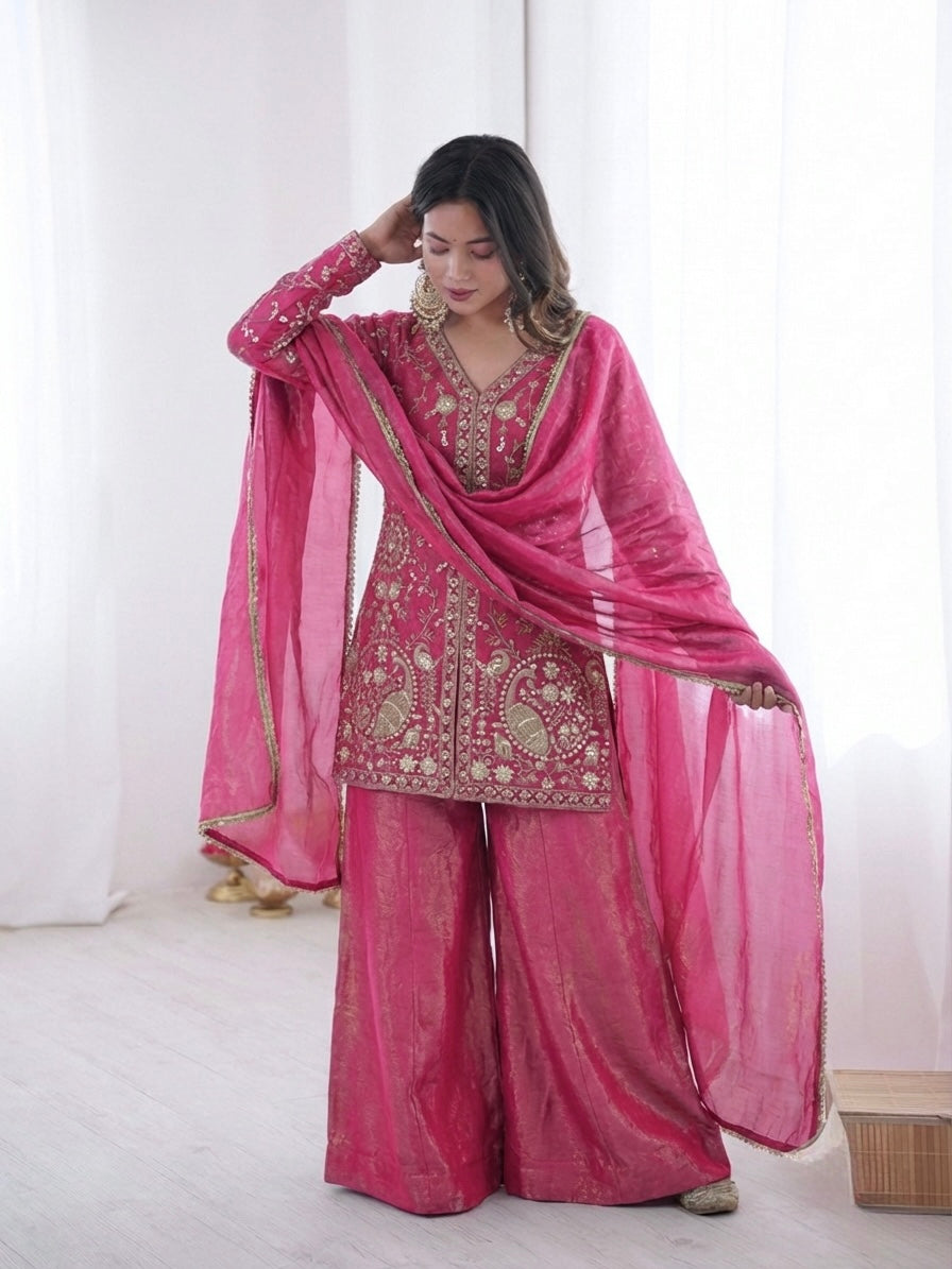 Fendy Silk Embroidered Short Kurta with Sharara & Dupatta Set