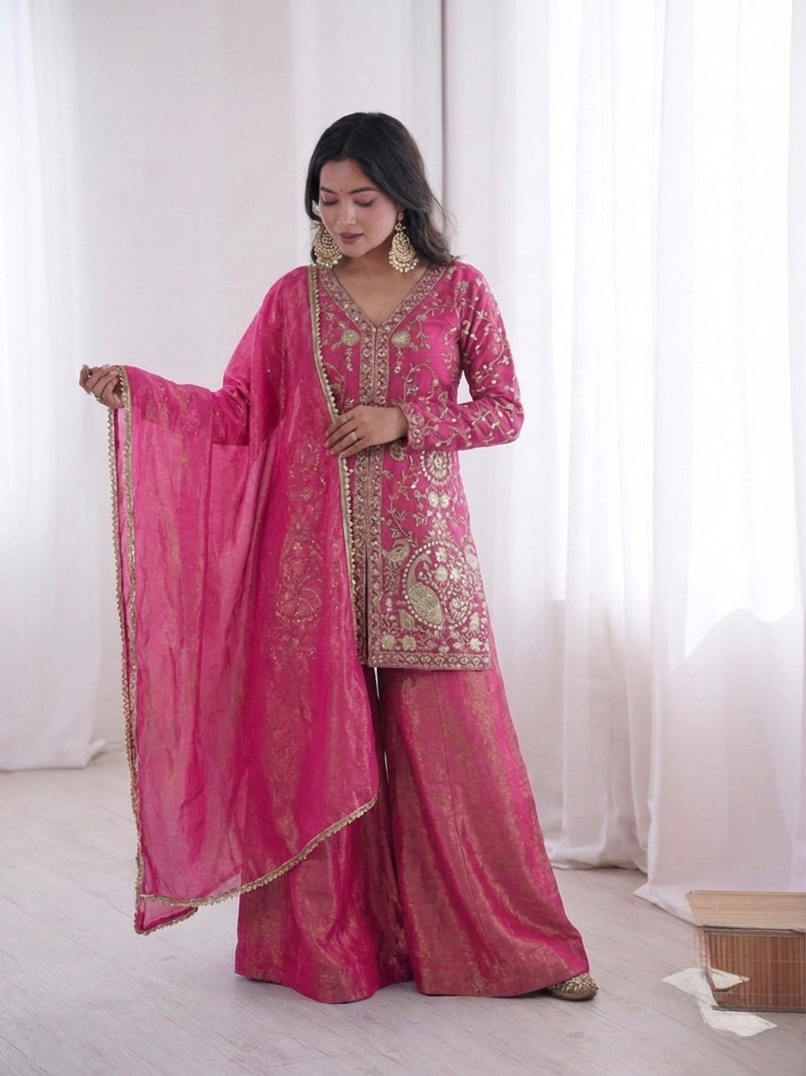 Fendy Silk Embroidered Short Kurta with Sharara & Dupatta Set