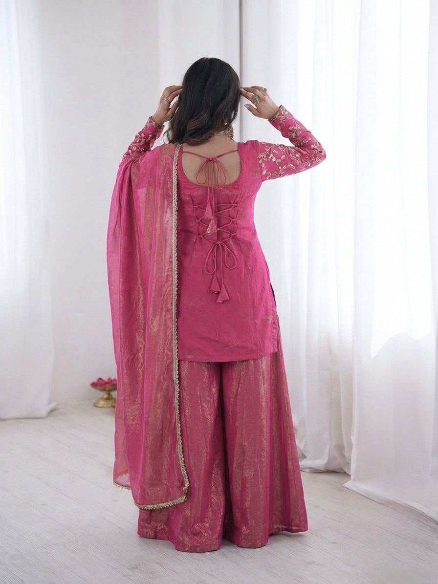 Fendy Silk Embroidered Short Kurta with Sharara & Dupatta Set