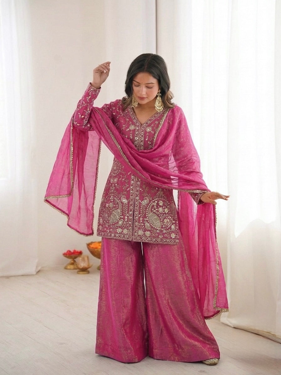 Fendy Silk Embroidered Short Kurta with Sharara & Dupatta Set
