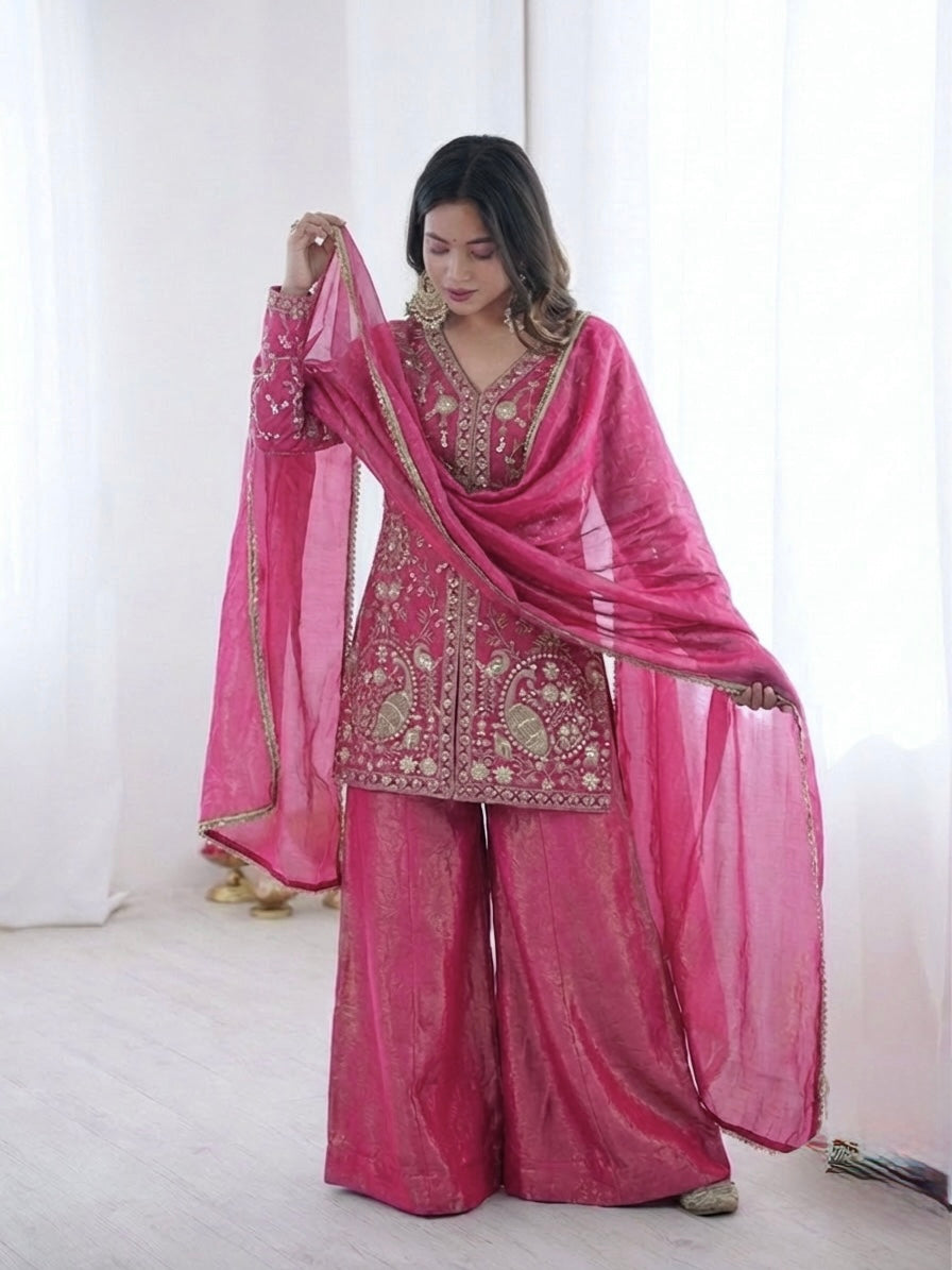 Fendy Silk Embroidered Short Kurta with Sharara & Dupatta Set