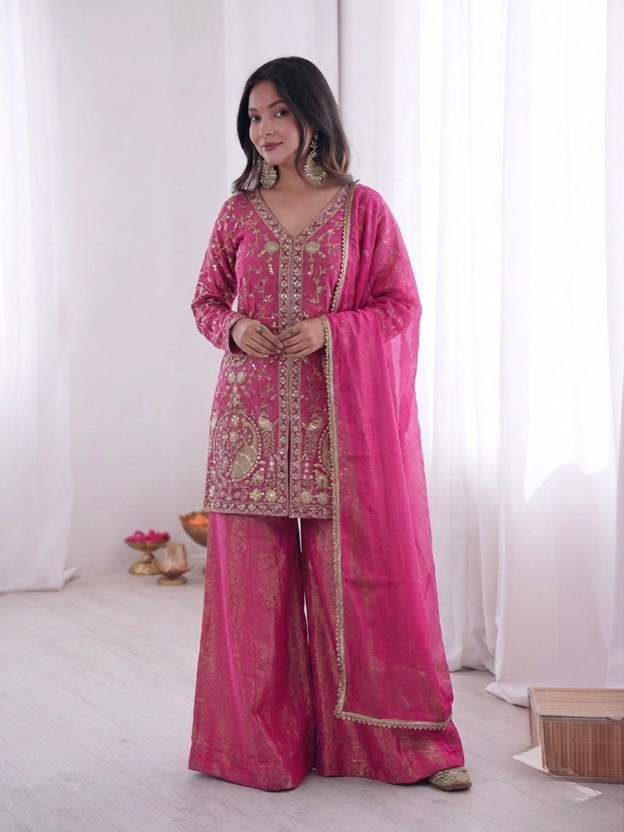 Fendy Silk Embroidered Short Kurta with Sharara & Dupatta Set