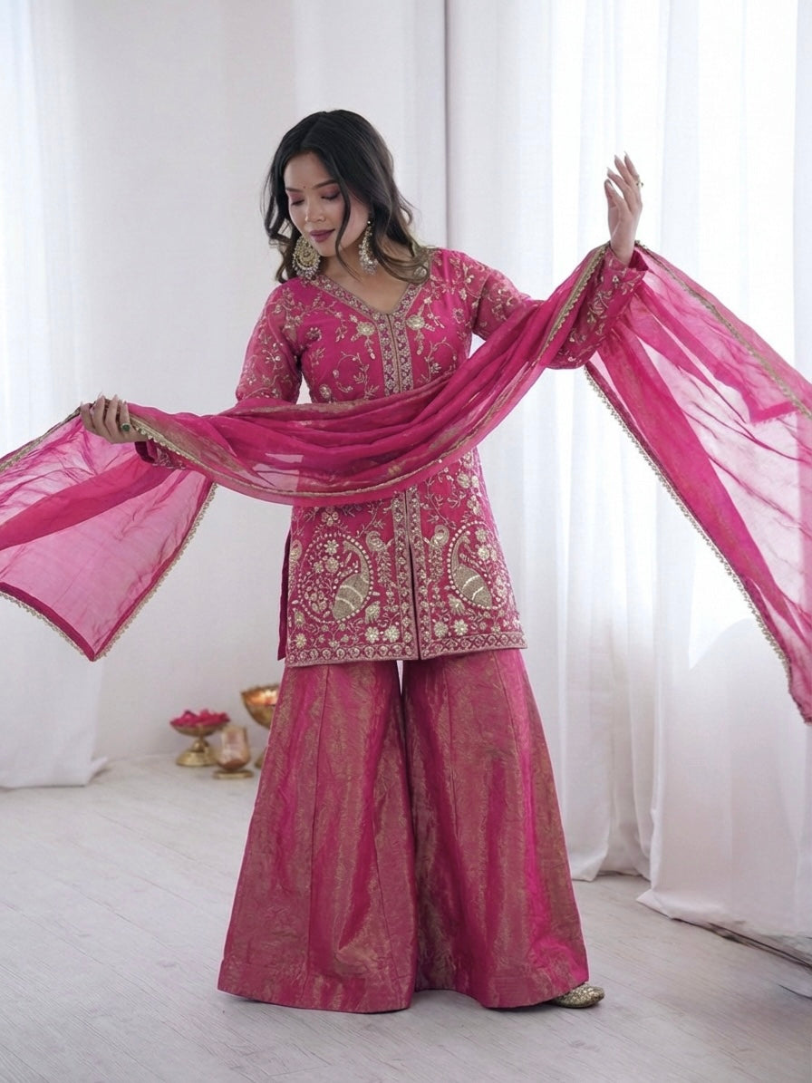 Fendy Silk Embroidered Short Kurta with Sharara & Dupatta Set