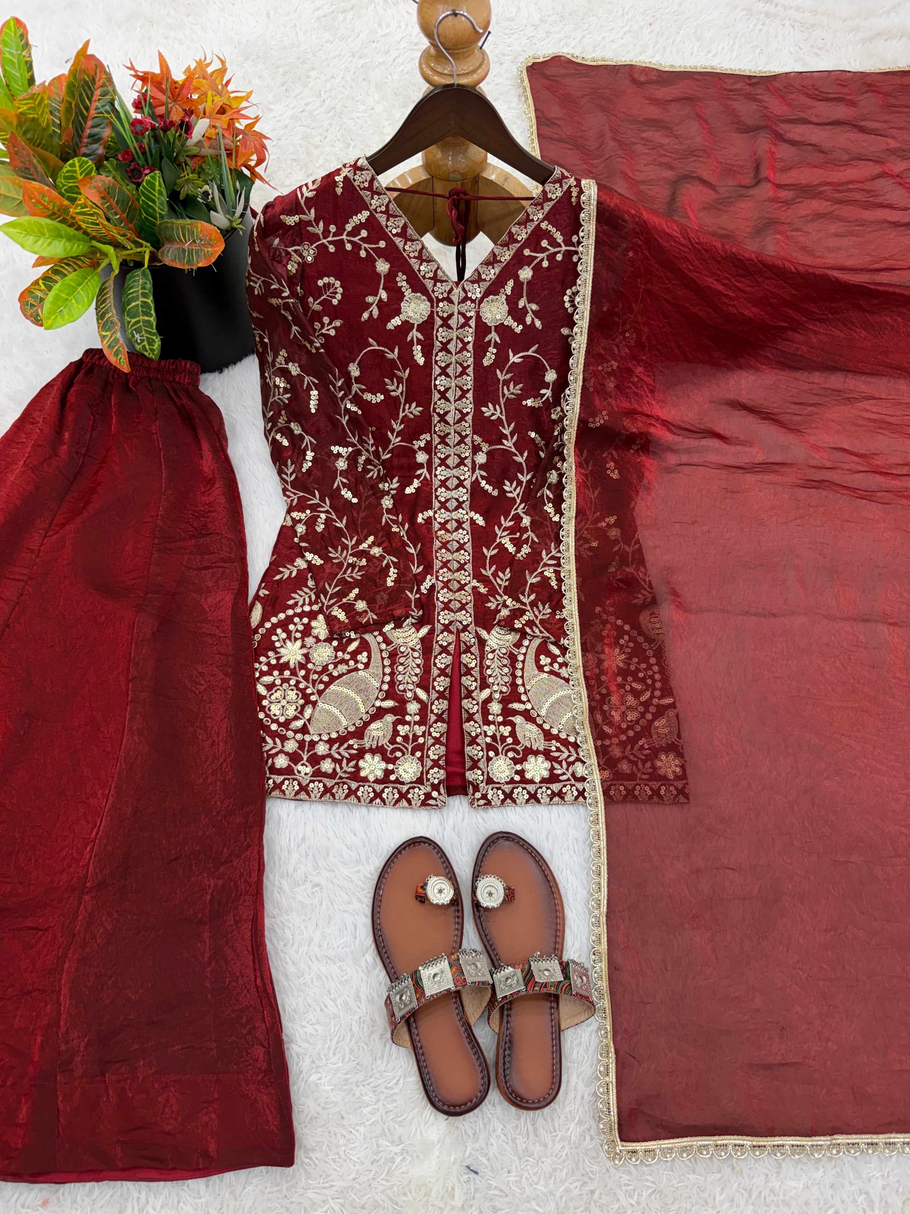 Fendy Silk Embroidered Short Kurta with Sharara & Dupatta Set