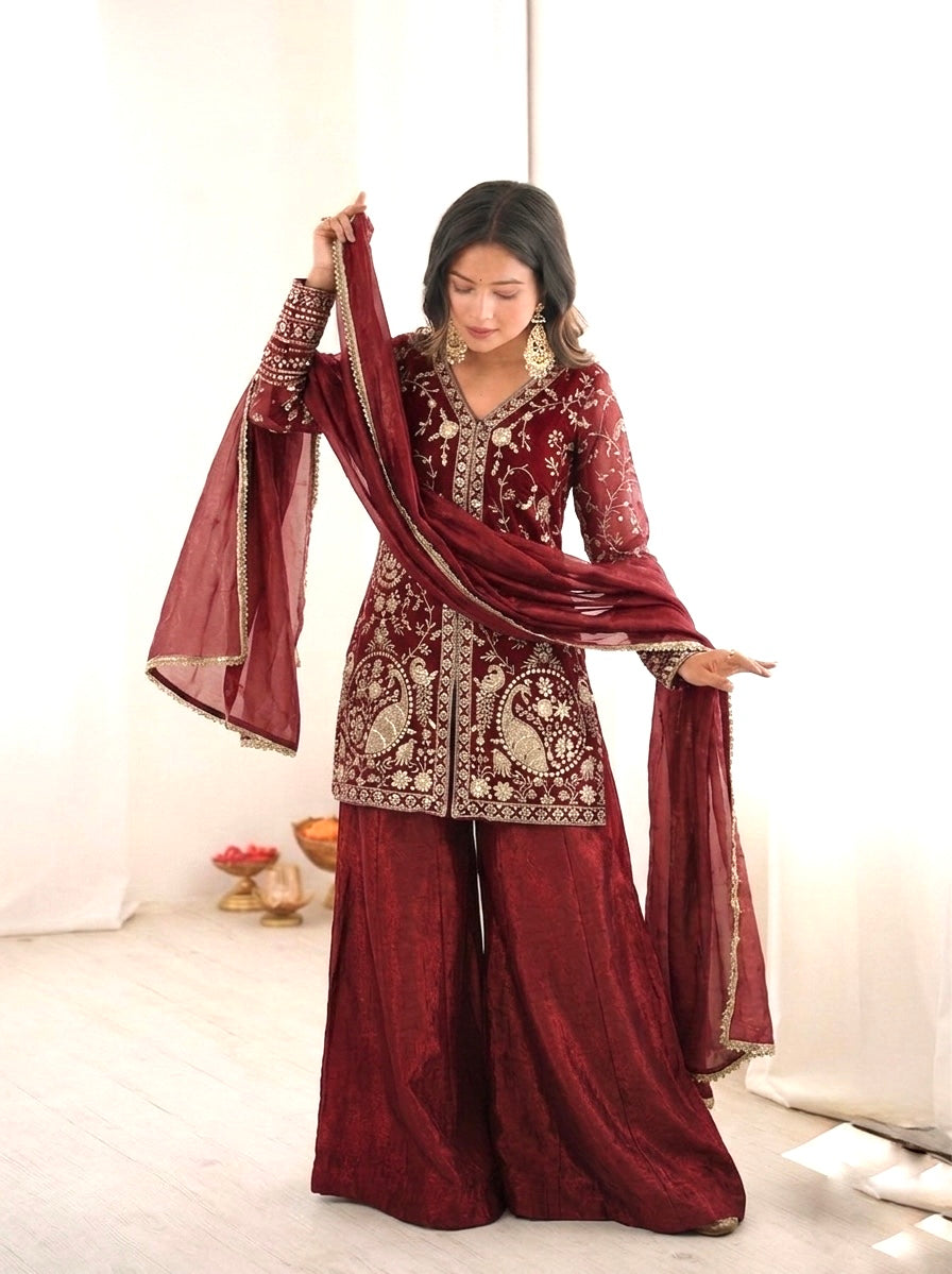 Fendy Silk Embroidered Short Kurta with Sharara & Dupatta Set