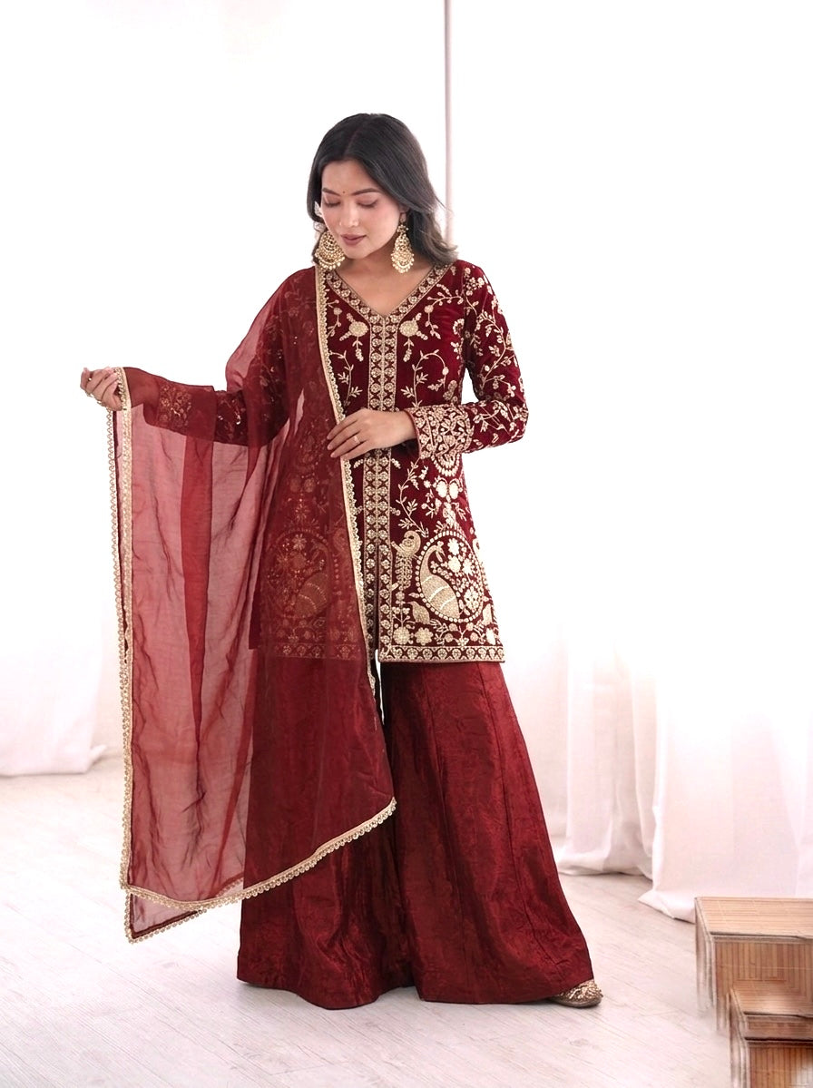 Fendy Silk Embroidered Short Kurta with Sharara & Dupatta Set