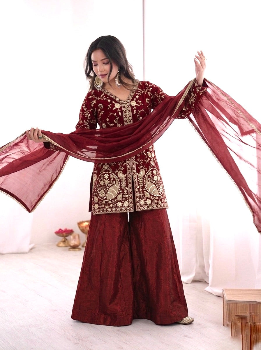Fendy Silk Embroidered Short Kurta with Sharara & Dupatta Set