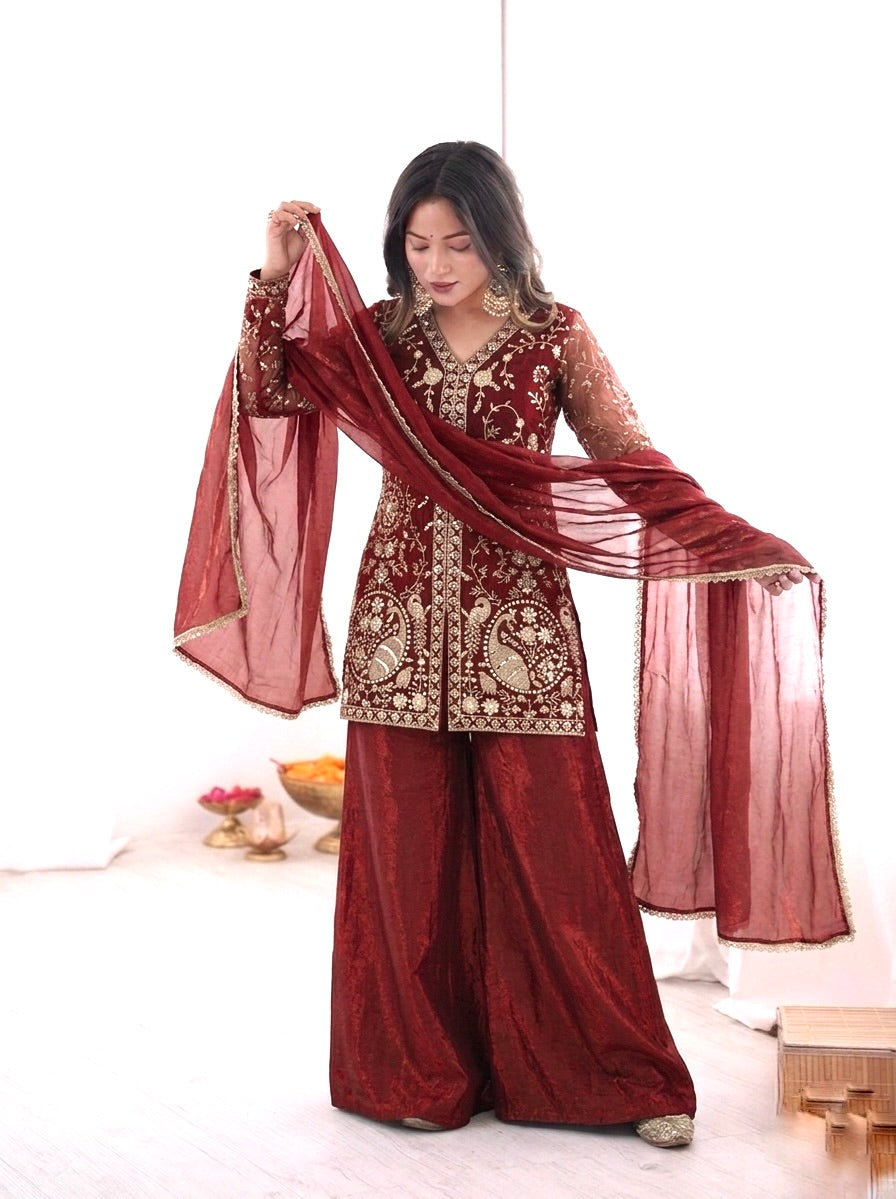 Fendy Silk Embroidered Short Kurta with Sharara & Dupatta Set