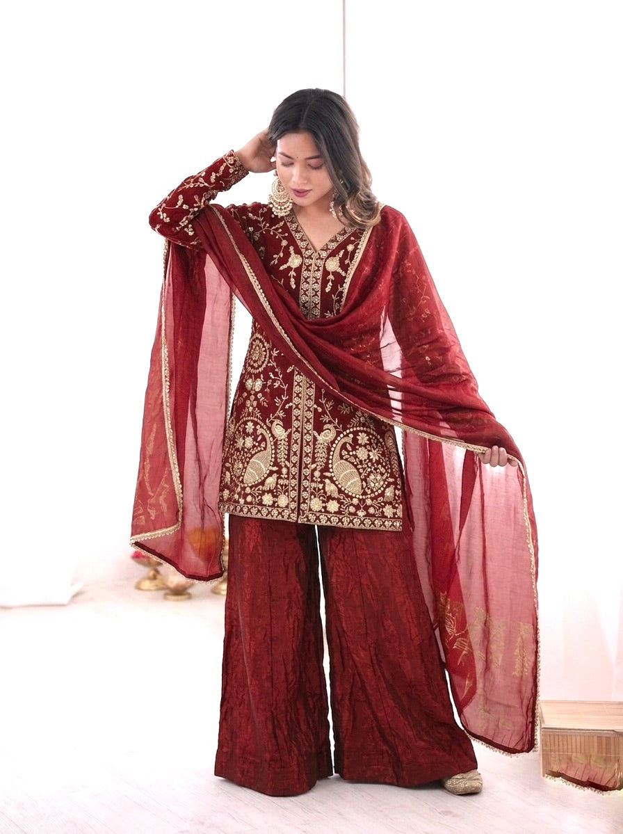 Fendy Silk Embroidered Short Kurta with Sharara & Dupatta Set