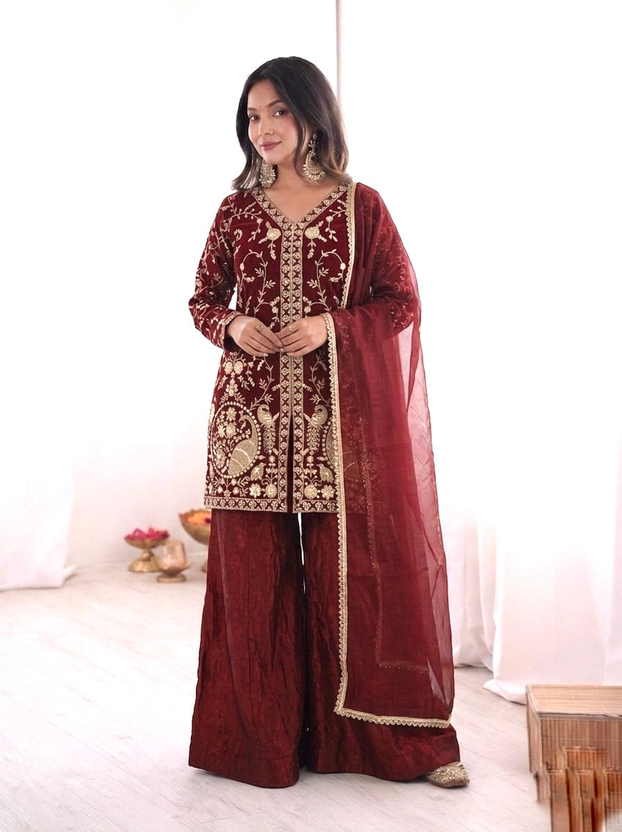 Fendy Silk Embroidered Short Kurta with Sharara & Dupatta Set