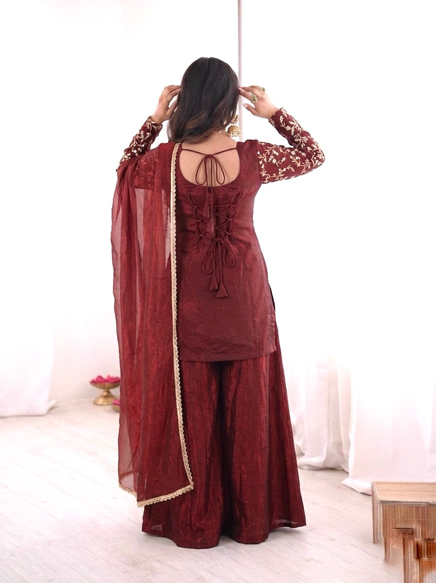 Fendy Silk Embroidered Short Kurta with Sharara & Dupatta Set