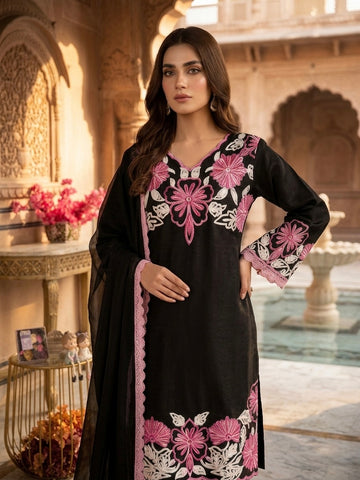Black & Pink Embroidered Roman Glass Short Kurta with Farshi Palazzo & Dupatta Set