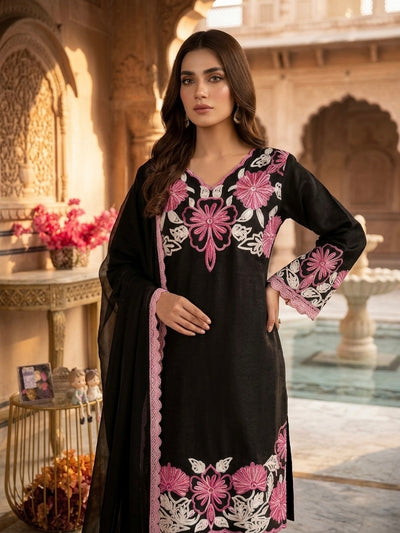 Black & Pink Embroidered Roman Glass Short Kurta with Farshi Palazzo & Dupatta Set