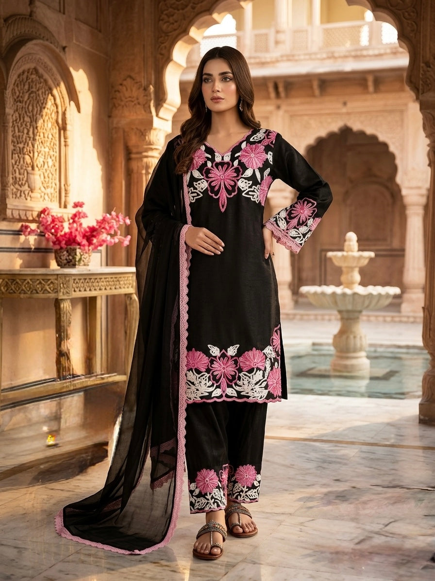 Black & Pink Embroidered Roman Glass Short Kurta with Farshi Palazzo & Dupatta Set