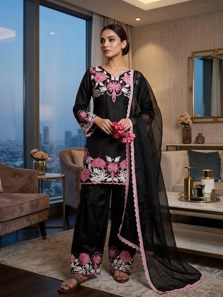 Black & Pink Embroidered Roman Glass Short Kurta with Farshi Palazzo & Dupatta Set