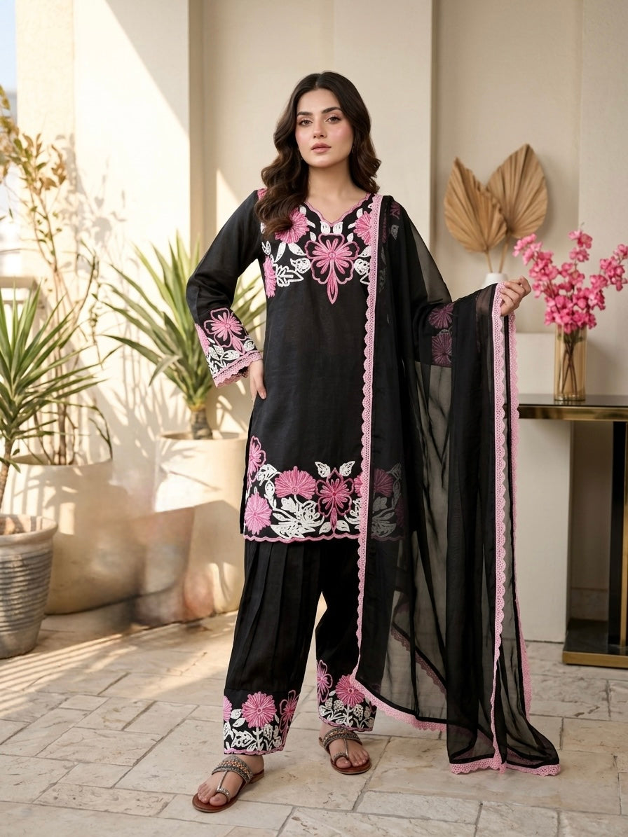 Black & Pink Embroidered Roman Glass Short Kurta with Farshi Palazzo & Dupatta Set