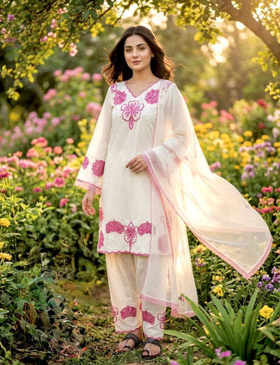 Off-White & Pink Embroidered Roman Glass Short Kurta with Farshi Palazzo & Dupatta Set