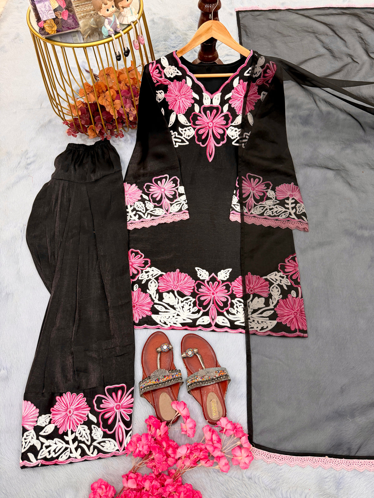 Black & Pink Embroidered Roman Glass Short Kurta with Farshi Palazzo & Dupatta Set